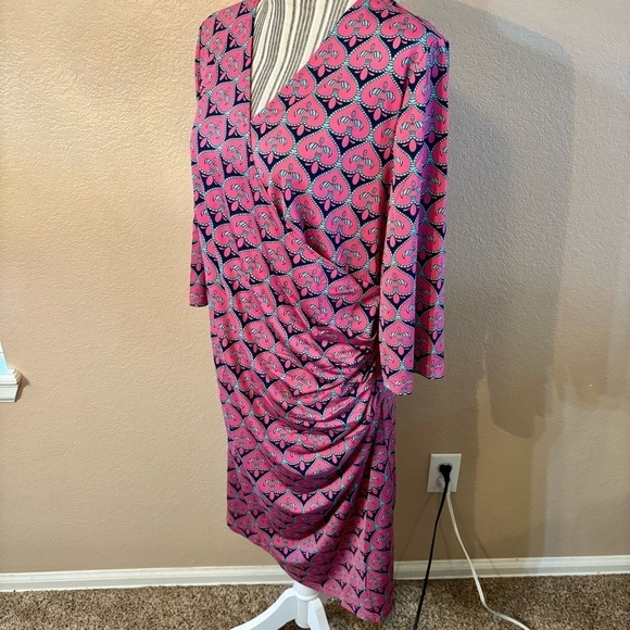 NWT Tracy Negoshian Dress XL Dolly Pink Navy Green Geometric Fleur de Lis Midi - Picture 6 of 15